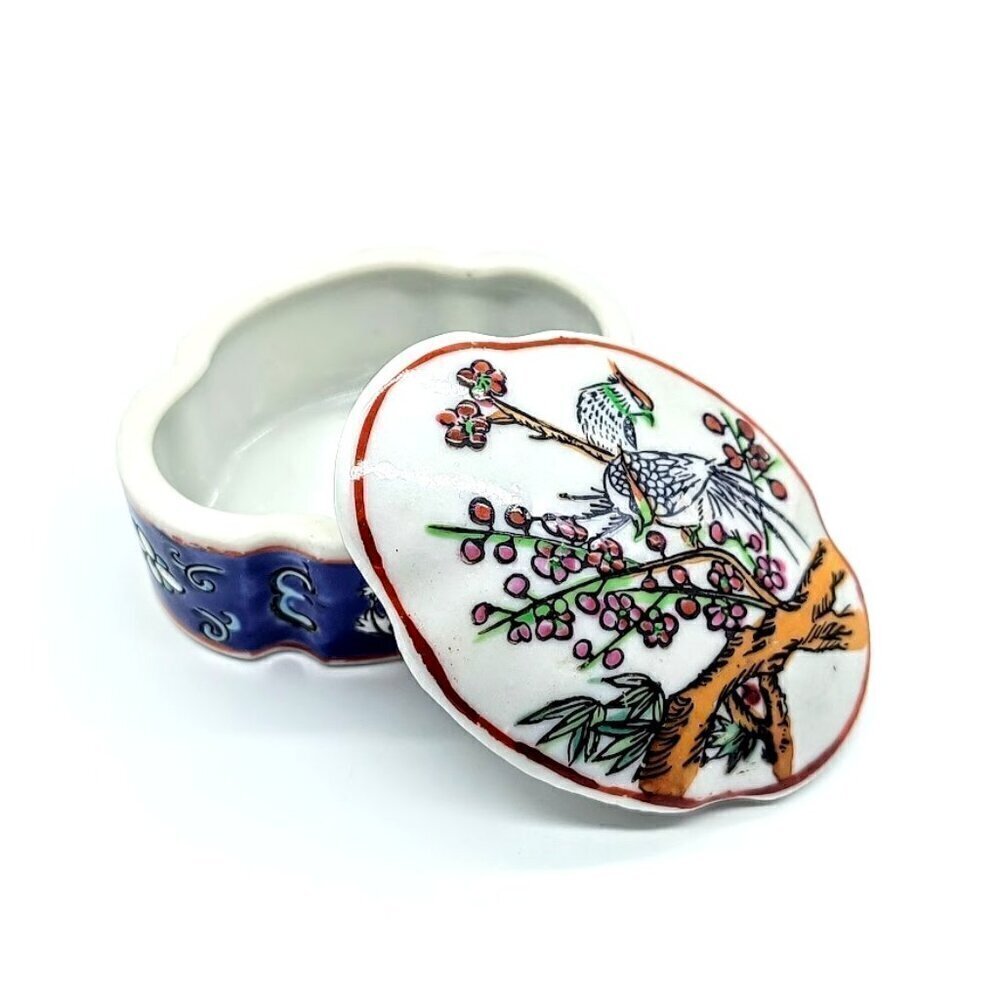 Vintage Birds & Flowers Hand-Painted Oval Porcelain Trinket Box